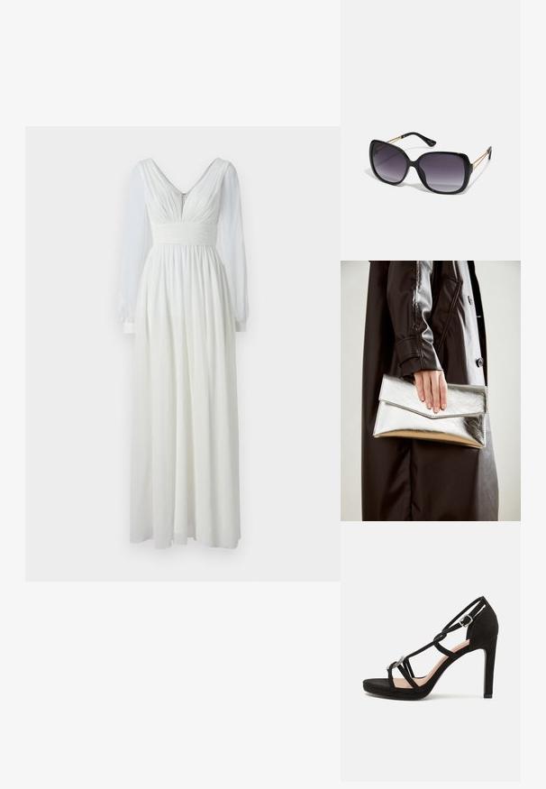 Rochie lungă albă cu decolteu în V, bust strâmt și fustă fluidă. Prezintă mâneci lungi din dantelă și fermoar la spate. Textură netedă.; Sandale cu toc înalt din suede negru, cu curele încrucișate, un accent decorativ de culoare argintie și o talpă platformă pentru un plus de înălțime.; Ochelari de soare negri, supradimensionați, cu lentile degradate, rame groase și detalii cu lanț de ton auriu pe brațele templului.; Plică metalică argintie cu un design unghiular de tip plic, textură netedă și culoare contrastantă la interior, ținută într-o mână care poartă o haină neagră.