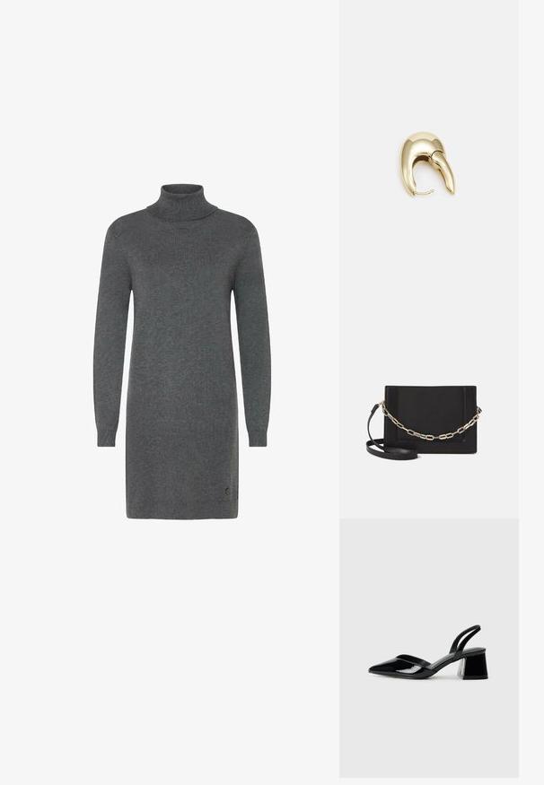 Harmaa korkeakauluksinen mekko, joka on valmistettu pehmeästä neulemateriaalista. Ominaisuuksiin kuuluu pitkät hihat, tiivistetty siluetti ja huomaamaton brändäys helmassa.; Mustat patentoitu nahkakengät, joissa on säären takaosa ja terävä kärki, sekä geometrinen palikkakorko. Sisältää tyylikkään, minimalistisen muotoilun ja sileän pinnan.; Musta nahkainen olkalaukku, jossa on sileä pinta, suorakulmainen muoto ja metalliketju yksityiskohtana edessä. Mukana säädettävä hihna.; Kultahipuinen korvakoru, jossa on sulavalinjainen, kaareva muotoilu. Ominaisuuksiin kuuluu erottuva terävä muoto, kiillotettu pinta ja sarana kiinnitys.