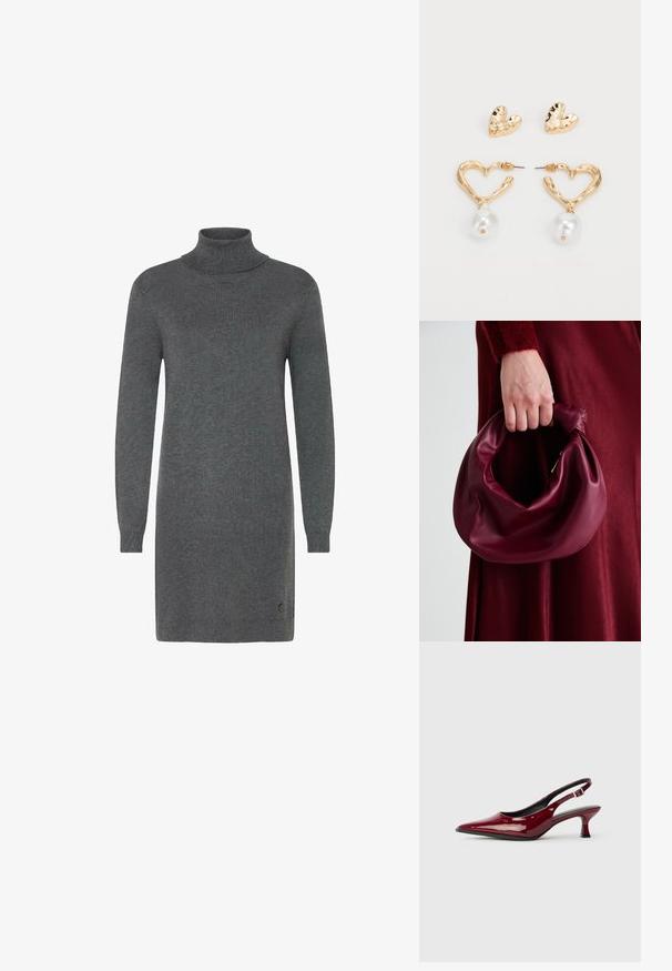 Grå genserkjole laget av mykt strikkemateriale. Har lange ermer, en tettsittende silhuett og diskret merking nær kanten.; Burgunderfargede lakket skinn slingback hæler med spiss tå og en elegant stilettohælhøyde. Åpen bakdesign med justerbar ankelrem.; Bordeaux lærhåndveske med et mykt, samlet design og avrundet form. Håndtaket er festet, og viser en glatt tekstur.; Gullfargede hjerteformede øredobber med en teksturert finish, som har en hengende perleaccent. Inkluderer matchende hjerte-stud øredobber.