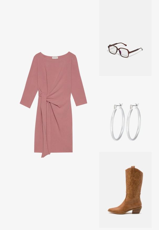 Ružičasta haljina do koljena s tričetvrtinim rukavima, čvorastim detaljem u struku i mekanim, teksturiranim materijalom. Okrugli izrez, jednostavan dizajn.; Smeđe kožne kaubojke s oštrim nosom, izvezenim spiralnim uzorcima na gornjem dijelu i blok petom. Imaju potporu za lakše obuvanje.; Smeđe, pravokutne naočale s prozirnim lećama i ljubičastim nijansama. Glatki plastični okvir sa ravnim skrambljima i suptilnim akcentsima.; Srebrne kružne naušnice s glatkom, poliranom površinom. Okrugli oblik i sigurno kopčanje na klik. Lagani dizajn pogodan za svakodnevno nošenje.