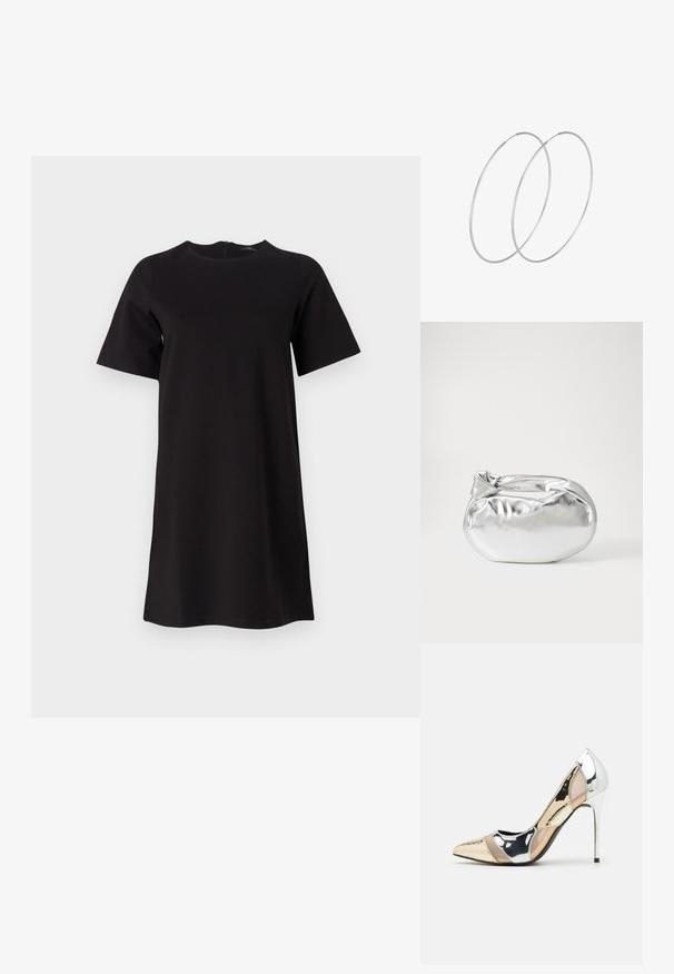 Svart kortärmad klänning med rund halsringning och dragkedja bak. Enkelt design i mjukt tyg som når till midjan.; Spetsig tå högklackad sko med en färgpalett av silver, guld och nude. Glansig yta med utskärningsdesign, utrustad med en stilettklack.; Silverfärgad metallisk påse med en mjuk, rundad form och en knutstängning upptill. Tillverkad av ett mjukt material i konstläder.; Silverfärgade hoopörhängen med en minimalistisk design. Cirkulär form, slät yta och tunn profil. Lätta med en polerad finish.