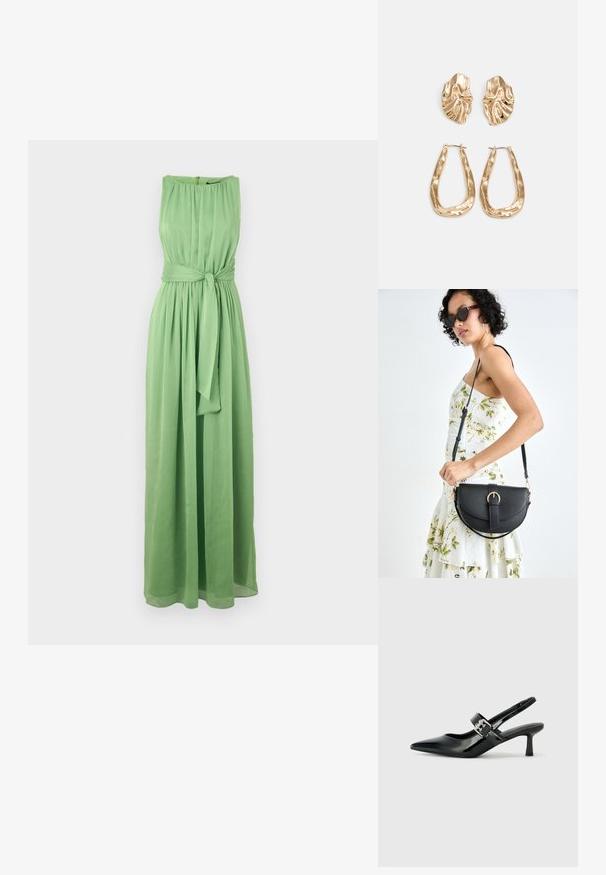 Dolga, brezrokavna zelena obleka iz lahkotnega materiala z nabranim izrezom in pasom za poudarjeno silhueto.; Črne patent usnjene slingback pete s koničastim nosom in majhnim blok peto, ki vključujejo srebrno zaponko na traku.; Črna usnjena torbica s ukrivljeno obliko, z odstranljivo naramnico in zlatimi dodatki. Torbica ima pokrov s podrobnostmi v obliki zaponke.; Zlato obarvani uhani z teksturiranimi, valovitimi oblikami. Vključujejo skulpturalne sponke za ušesa in odprto obliko obročka s kladivastim finišem.