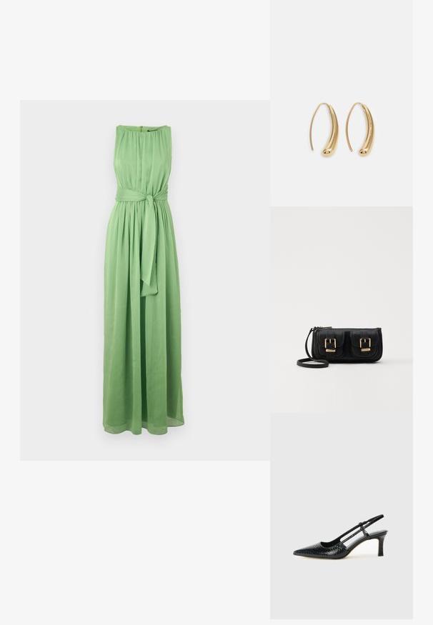Long, sleeveless green dress made of lightweight fabric with a gathered neckline and a belted waist for a defined silhouette.; Black patent slingback heel with a pointed toe, featuring textured snake print, adjustable strap, and a short, textured block heel.; Black leather crossbody bag with two front pockets, gold buckles, zipper closure, and a slim strap. Textured surface and compact rectangular shape.; Gold-tone metal hoop earrings with a curved, elongated shape. Features a smooth, shiny surface and a rounded tip for added detail.