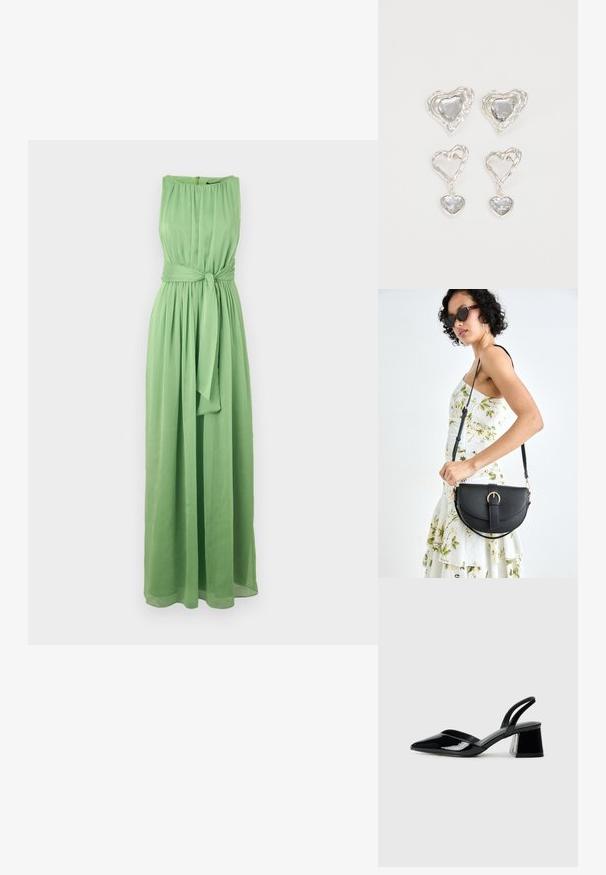 Long, sleeveless green dress made of lightweight fabric with a gathered neckline and a belted waist for a defined silhouette.; Black patent leather slingback heels with a pointed toe and a geometric block heel. Features a sleek, minimal design and smooth texture.; Black leather handbag with a curved shape, detachable strap, and gold hardware. The bag features a flap with a buckle detail.; Silver heart-shaped earrings feature faceted clear stones, with a textured frame. The set includes stud and drop styles.