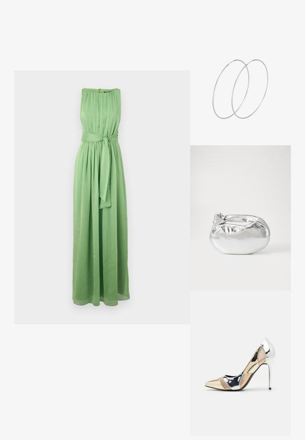 Garšs, bez piedurknēm zaļš kleitas modelis, izgatavots no viegla auduma, ar savilktu dekoltē līniju un jostu vidukļa akcentēšanai.; Apspīlēta augstpapēžu kurpe ar zeltītu, sudrabi un neitrālu krāsu kombināciju. Spīguļojoša virsma ar izgriezuma dizainu, aprīkota ar stiletto papēdi.; Sudraba metāliska poga somiņa ar mīkstu, noapaļotu formu un mezgla augšējo aizdari. Izgatavota no gludas mākslīgās ādas materiāla.; Sudraba gredzenveida auskari ar minimālistisku dizainu. Cirkulāra forma, gluda tekstūra un plāns profils. Vieglu svaru ar spīdīgu apdari.