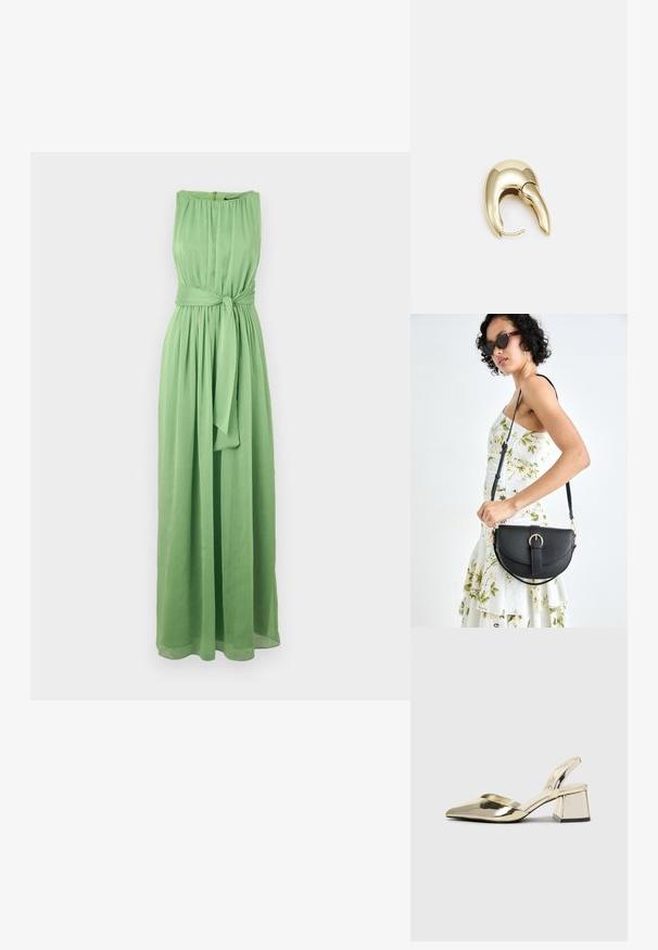 Long, sleeveless green dress made of lightweight fabric with a gathered neckline and a belted waist for a defined silhouette.; Gold, metallic slingback heels with a pointed toe and chunky heel. Smooth texture, minimalistic design, and a narrow strap.; Black leather handbag with a curved shape, detachable strap, and gold hardware. The bag features a flap with a buckle detail.; Gold-tone metal earring with a sleek, curved design. Features a distinctive pointed shape, polished surface, and hinge closure.