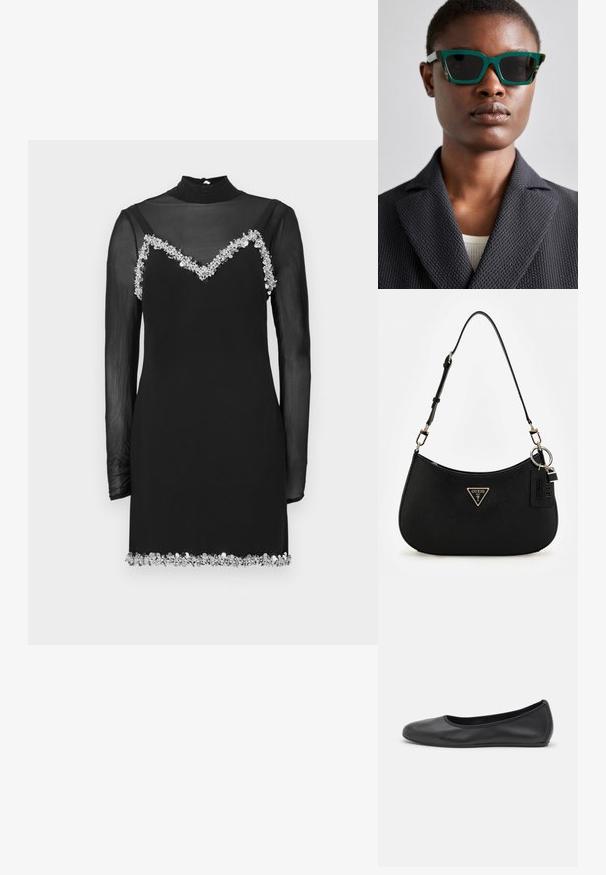 Czarna sukienka z przezroczystymi długimi rękawami, wysokim kołnierzem i dekoltem w kształcie litery V ozdobionym kwiatowymi zdobieniami na wysokości piersi i u dołu sukienki.; Czarne skórzane baletki z zaokrąglonym noskiem, gładką fakturą, minimalnymi przeszyciami i elastycznym designem podeszwy.; Zielone i wzorzyste okulary przeciwsłoneczne z geometryczną oprawką; ciemne soczewki; modelka nosi teksturowaną czarną marynarkę na jasnej bluzce.; Czarna syntetyczna torba na ramię o zaokrąglonym kształcie, z teksturowanym wykończeniem, złotym logo w kształcie trójkąta i odczepianymi akcentami ze sprzętu.