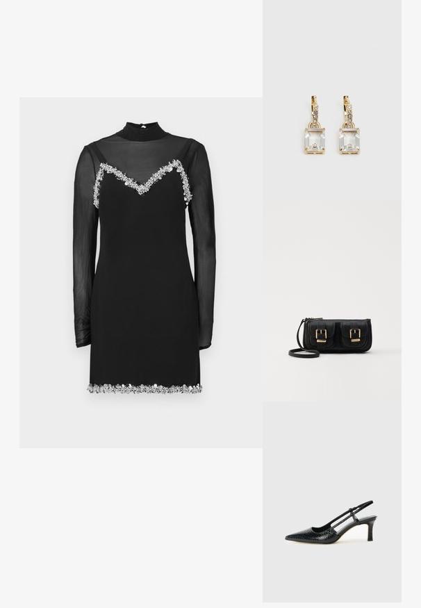 Must kleit läbipaistvate pikkade varrukatega, kõrge kaeluse ja V-kujulise kaelusega, mida kaunistavad lillemotiivid rinnal ja hembusel.; Mustmust paelad, millel on terav varvas, tekstuuriga maduprindiga, reguleeritav rihm ja lühike tekstuuriga plokknina.; Must küllastamata nahast õlakott, millel on kaks esist nähtavat taskut, kuldsed pandlad, tõmblukuga sulgemine ja peen rihm. Tekstuuriga pind ja kompaktne ristkülikukujuline kuju.; Kuldtooni kõrvarõngad, millel on ristkülikukujuline, selge kristall, mis ripub allapoole väikeste ümmarguste selgete aktsentide rida. Viimistletud, kaasaegne disain.