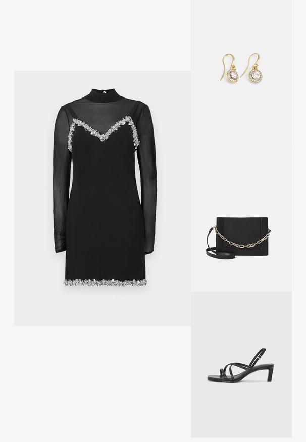 Melna kleita ar caurspīdīgām garām piedurknēm, augstu kakla izgriezumu un V veida izgriezumu kakla rajonā, kas rotāts ar ziedu apdari pie krūtīm un apakšmalā.; Melnas strappy sandales ar kvadrātveida purngaliem un zemu bloku papēdi. Ievērojamas ar vairākiem plāniem siksniņām un regulējamu potītes siksniņu. Izgatavotas no gludas ādas.; Melna ādas crossbody soma ar gludu faktūru, taisnstūrveida formu un metalizētu ķēdes detaļu priekšā. Iekļauta regulējama siksna.; Zelta tonī veidotas auskaru piekariņi ar ovālu izgriezumu caurspīdīgām kristālēm, kuras ieskauj mazākas caurspīdīgas akmeņu daļiņas, ar āķveida dizainu drošai valkāšanai.