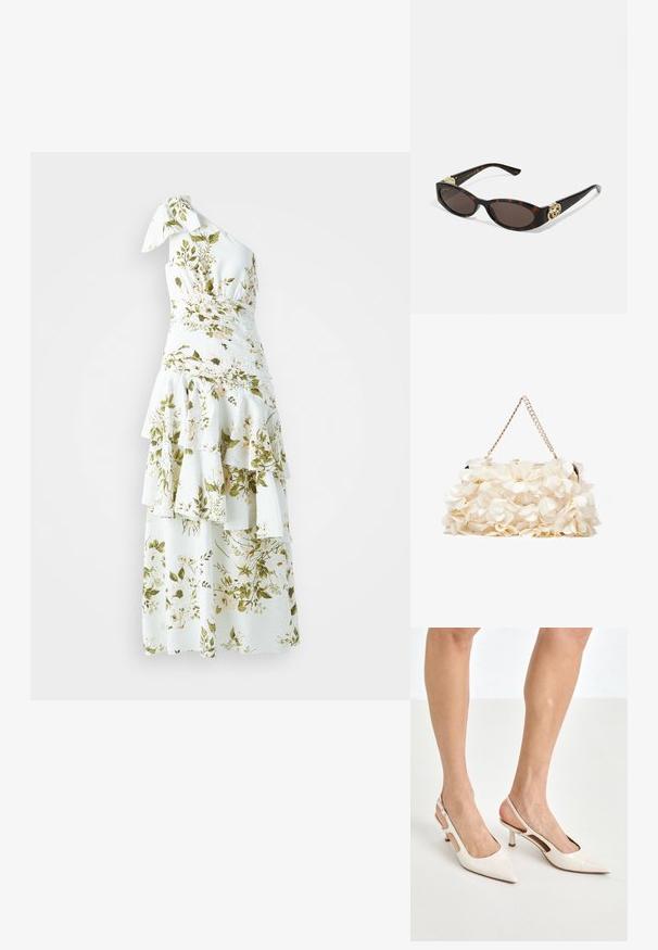 Fehér virágmintás ruha zöld levelekkel, egy vállra vetett fazon, redőzött felsőrész, réteges fodros szoknya, texturált anyag természetes mintával.; Beige patent bőr slingback magassarkúk hegyes orral és 5 cm-es sarokkal, kivágott oldalakkal és vékony bokapánttal.; Tortából készült napszemüveg, hosszúkás ovális lencsékkel, barna színű árnyalattal, arany logóval a fülkagylón, és karcsú fekete szárakkal.; Fehér virágmintás kézitáska gyűrt szövet felülettel, aranyszínű lánccal és fémetaljzattal. Textúrázott szirmokkal készült a részletesebb megjelenés érdekében.