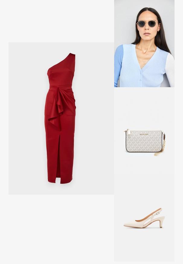 Raudona su viena petnešėle suknelė, pagaminta iš lygaus audinio, su drapiruotu akcentu liemens srityje ir šoniniu įpjovimu, suteikiančiu papildomą detalumą.; Balti slingback kulniukai su smailiu pirštu, lygia viršutine medžiaga, žemu blokuotu kulnu ir šoniniu išpjovimu su reguliuojamu sagtimi.; Apskriti saulės akiniai su tamsiais objektyvais ir auksiniais rėmeliais. Modelis vilki šviesiai mėlyną, raukinį kardiganą su mygtukais ir kontrastingomis baltomis rankovėmis.; Michael Kors rankinė smėlio spalvos dengto kanvoje su pakartotiniu MK logotipo raštu, auksinėmis detalėmis ir nuimamu grandininiu dirželiu.