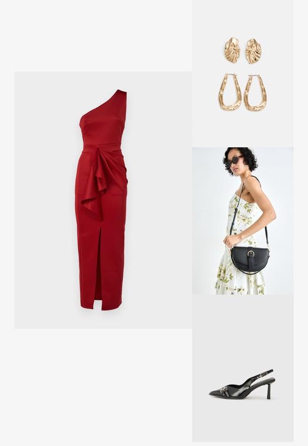 Piros, egyvállas ruha sima anyagból, amely derékrészen drapériás részlettel és oldalsó hasítékkal rendelkezik az extra részletért.; Fekete lakk bőr, hegyes orrú slingback cipő, boka pántokkal, ezüst csatokkal és hardverelemekkel, valamint karcsú sarkú.; Fekete bőrtáska ívelt formával, levehető pánttal és arany színű fémrészekkel. A táskán egy csattal díszített fedél található.; Aranyszínű fülbevalók, texturált, hullámos formákkal. Tartalmazza a szobrászati klipszes studokat és az open hoop kialakítást, kalapácsos felülettel.