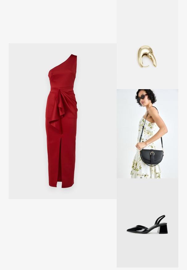 Robe rouge à une épaule en tissu lisse, avec un accent drapé à la taille et une fente latérale pour plus de détails.; Escarpins en cuir verni noir avec bout pointu et talon bloc géométrique. Présente un design élégant et minimaliste ainsi qu'une texture lisse.; Sac à main en cuir noir avec une forme courbée, bandoulière amovible et des accessoires en or. Le sac est doté d'un rabat avec un détail de boucle.; Boucle d'oreille en métal doré avec un design élégant et courbé. Présente une forme conique distinctive, une surface polie et une fermeture à charnière.