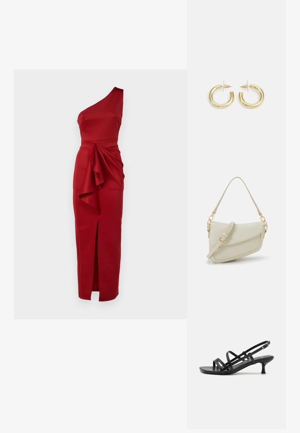 Sarkans, vienas pleca kleita, izgatavota no gludas auduma, ar drapētu akcentu jostasvietā un sānu šķēlumu papildu detaļām.; Melni papēžu sandales ar vairākiem krustveida siksnām. Gluda materiāla, norādīta purngala un šaura papēža. Regulējama potītes siksna ar sprādzīti.; Maza krēmkrāsas rokas soma ar teksturētu apdari, garu regulējamu siksniņu, ķēdes akcentu un vāciņa aizdari. Zelta aparatūras detaļas.; Zelta auskari ar gludu, spīdīgu apdari. Apaļš dizains, kas ietver mazu tapu un caurspīdīgu pamatni drošai valkāšanai.