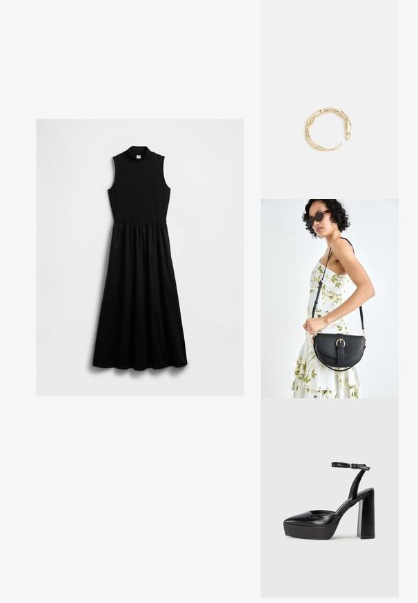 Crna haljina bez rukava s visokim izrezom, elastičnim strukom i lepršavom suknjom. Izrađena od mekog materijala s glatkom teksturom.; Crne platforme s potpeticom s oštrim vrhom i podešivom naramenicom. Izrađene od glatke kože, s masivnom blok petom.; Crna kožna torba s lukovitim oblikom, odvojivim remenom i zlatnim detaljima. Torba ima preklop s kopčom.; Prsten u zlatnoj nijansi s organskim, uvijenim dizajnom, glatkom teksturom i suženim krajevima, koji stvara moderan, skulpturalni izgled.