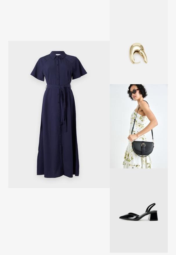 Mornarsko modra obleka s kratkimi rokavi, z gumbom na sprednji strani, ovratnikom in zavezanem pasom. Narejena iz gladkega materiala z daljšim maxi dolžinom.; Črne lakirane slingback pete s koničastim nosom in geometrijsko blokasto peto. Imajo eleganten, minimalističen dizajn in gladko teksturo.; Črna usnjena torbica s ukrivljeno obliko, z odstranljivo naramnico in zlatimi dodatki. Torbica ima pokrov s podrobnostmi v obliki zaponke.; Uhane nakit iz zlatastega tona z gladko, ukrivljeno zasnovo. Ima edinstveno koničasto obliko, polirano površino in zaponko s tečajem.