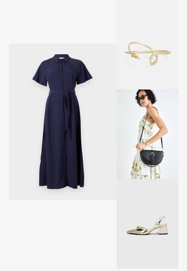 Marinblå, kortärmad klänning med knapplist, krage och knuten midja. Tillverkad av slät tyg med vacker maxi-längd.; Guld, metalliska slingback-klackar med spetsig tå och chunky klack. Slät textur, minimalistisk design och en smal rem.; Svart läderhandväska med en böjd form, avtagbar rem och guldiga detaljer. Väskan har ett lock med en spänndetalj.; Guld-färgad metallarmband med ett mjukt, kurvigt mönster. Har en liten, framträdande silverfärgad accent i ena änden.