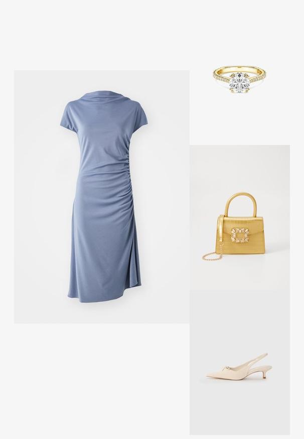 Kratka haljina s kratkim rukavima od svijetloplavog materijala, s dekolteom u obliku kapuljače i bočnim nabranjem, opuštenog kroja i do koljena.; Cipele s povučenom petom i uskim nosom u boji off-white, s malim detaljem mašne i niskom potpeticom. Glatka tekstura, minimalistički dizajn.; Žuta torbica od umjetnog krokodila sa strukturiranim dizajnom, gornjom ručkom, odvojivim lančićem i dekorativnim kristalnim ukrasom na kopči.; Zlatni prsten s velikim okruglim dijamantom kao središnjim kamenom, okružen manjim dijamantima na profesiji. Glatka traka s delikatnim prstenastim postavkama.