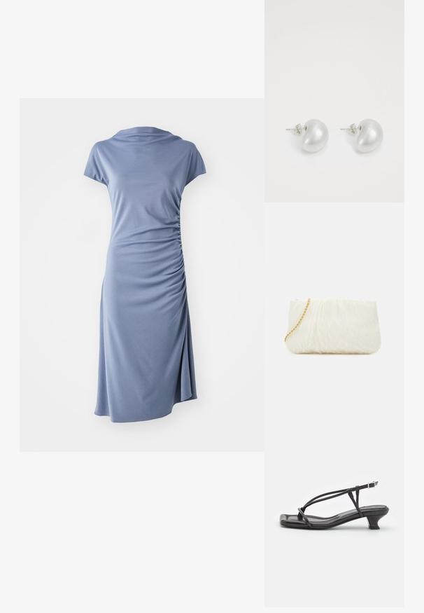 Lühikeste varrukatega kleit helesinisest kangast, millel on kumer kaelus ja külgseeliku voldid, lõdva silueti ja põlvepikkune alläär.; Must must sandaalid, millel on õhukesed rihmad, madal plokknina ja ruudukujuline varvas. Omab kinnitust nahkel ja sile pind.; Valge tekstuuriga käekotike, millel on volditud disain ja kuldne ahel. Sile viimistlus peente lainetega ja ümarate servadega.; Hõbedased pärli kõrvarõngad, millel on kumer oas kuju. Sile, läikiv pind, kinnitatud postiga ja tagumise sulguri abil.