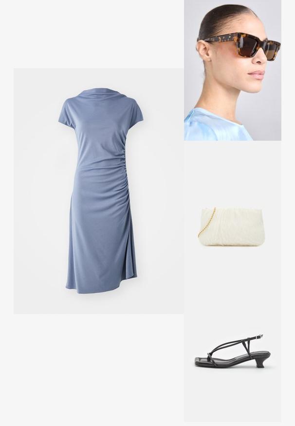 Kortärmad klänning i ljusblått tyg, med en lös halsringning och sidofåll, i en avslappnad silhuett och knä längd.; Svarta lädersandaler med tunna remmar, låg klack och fyrkantig tå. Har spänne och slät yta.; Sjösköldpaddsglasögon med en kraftig, rektangulär båge. Mörka linser och detaljer i guldton på templets sidor. Slät, glänsande yta.; Vit, strukturerad clutch-väska med ett samlat mönster, prydd med ett guldkedjesnor. Slät yta med subtila vågor och rundade kanter.