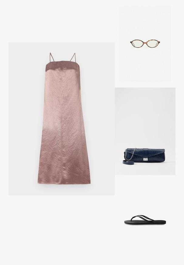 Satin-Midikleid in abgestuften Rosatönen, mit dünnen Trägern und einer glatten, leicht zerknitterten Textur sowie einer geraden Silhouette.; Schwarze Flip-Flops mit einer strukturierten Gummisohle, zwei schlanken Riemen und einem dezenten, geprägten Logo-Detail auf dem Riemen.; Schildpatt-Eyegläser mit ovalen Gläsern und einer eleganten, glatten Oberfläche. Mit dünnen Seiten und einer subtilen Kurve an den Schläfen. Klare Gläser.; Marineblaue Leder-Clutch mit Krokodilstruktur, silberner Kettenriemen und metallischem Verschluss. Rechteckige Form mit Umschlagdesign.