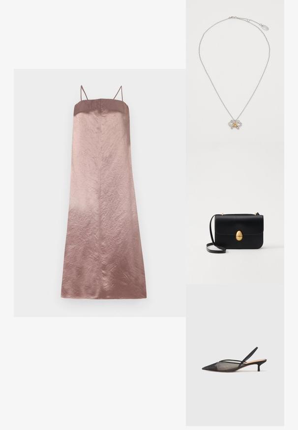 Satin midi dress in gradient shades of rose, featuring thin straps and a smooth, slightly crinkled texture with a straight silhouette.; NEOUS IRENA - Classic heels - black; Black leather handbag with a structured rectangular shape. Features a golden oval clasp and a thin shoulder strap. Smooth texture.; Silver-tone chain necklace featuring a butterfly pendant with clear crystals and a gold center detail. Adjustable clasp at the back.