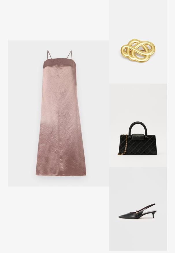 Szatén midi ruha rózsaszín árnyalatokban, vékony pántokkal és sima, enyhén gyűrött textúrával, egyenes sziluettel.; Fekete bőr női sarokszandál, hegyes orral, vékony tűsarkúval és arany színű díszítéssel a bokapántnál. Simító felület és letisztult forma.; Fekete kézitáska texturált bőrből, gyémántmintázattal, aranyszínű láncos pánttal és logóval gravírozott fedélzárral ellátott felső fogantyúval.; Arany színű brosúra, csomózott díszítéssel, sima, ívelt vonalakkal és bonyolult formával, fényes felülettel.