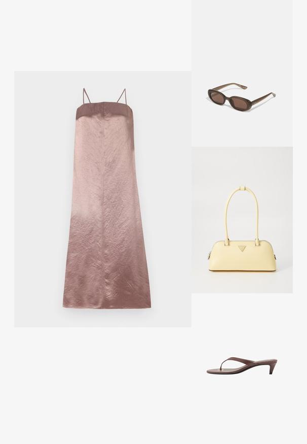 Satin-Midikleid in abgestuften Rosatönen, mit dünnen Trägern und einer glatten, leicht zerknitterten Textur sowie einer geraden Silhouette.; Braune, mit Absatz versehene Flip-Flop-Sandale mit einem schmalen Riemen und abgerundetem Zehensteg, der ein kleines goldfarbenes Akzent auf dem Fußbett aufweist.; Braune ovale Sonnenbrillen mit dunklen Gläsern. Das Gestell besteht aus einem transparenten braunen Material und hat ein auf den Bügeln aufgedrucktes Logo.; Gelbe lackierte Lederhandtasche mit runder Form, einem einzelnen oberen Griff und einer silbernen Logo-Platte. Verfügt über einen Reißverschluss und eine glatte Textur.