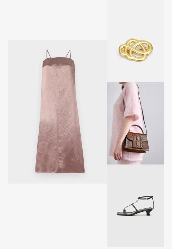 Sametist midi kleit roosi gradienttoonis, millel on õhukesed rihmad ja sujuv, kerge kortsus tekstuur, otse silueti kujuga.; Must värviline nahk sandaal ruudukujulise varbaga, õhukeste rihmadega, kohandatava pahkluu rihmaga ja madala kandaga. Rihmal on väike kuldne aktsent.; Pruun krokodillimustriga käekott koos ülemise käepideme ja õlavöödiga. Esiküljel on väljapaistev logo. Pehme tekstuur.; Kuldtoonis rinnatäht, millel on sõlmekujuline disain, sujuvad ja vaakumid jooned ning keeruline vorm, peegeldades poleeritud viimistlust.