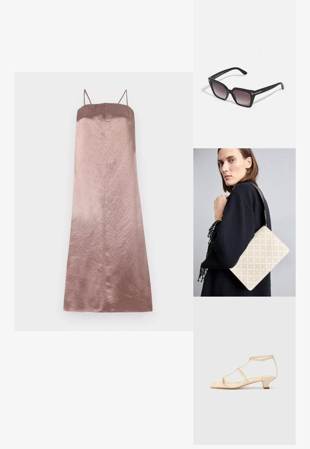 Sametist midi kleit roosi gradienttoonis, millel on õhukesed rihmad ja sujuv, kerge kortsus tekstuur, otse silueti kujuga.; Beezhides sandaalid T-ribauga, ruudukujulise varbaga, reguleeritava pahkluuringiga ja madala plokkningaga. Siledast nahast. ; Mustad ümarad päikeseprillid geomeetrilise kujuga, gradient läätsed ja kuldsed aktsendid varrastel. Valmistatud vastupidavast plastmaterjalist.; Beez värviga mustriga õlakott, millel on struktureeritud kuju ja pruuni tekstuuriga rihm. Kandnud mudel halli tausta ees.; Beez värviga mustriga õlakott, millel on struktureeritud kuju ja pruuni tekstuuriga rihm. Kandnud mudel halli tausta ees.