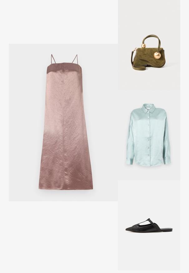 Vestido midi de satén en tonos degradados de rosa, con tirantes finos y una textura suave, ligeramente arrugada, con una silueta recta.; Camisa de botones azul claro hecha de una tela brillante y suave; cuenta con un cuello, mangas largas y un dobladillo redondeado con un corte relajado.; Zapato de piel negra tipo slingback con punta afilada, que presenta un detalle trenzado y un diseño superior plisado. Suela plana con hardware mínimo.; Bolso de ante color verde oliva con un diseño ondulado, dos acentos redondeados en latón, un asa corta retorcida y una correa de hombro desmontable.