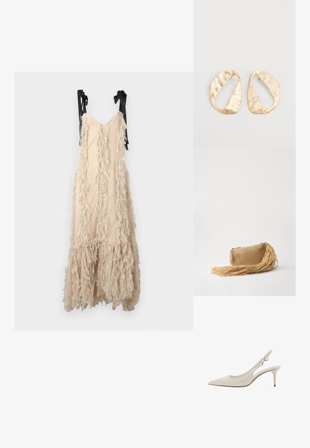 Ida Sjöstedt DAISY GOWN - Maxi šaty - light beige; Krémová kožená šlapka s špičatou špičkou, tenkým podpatkem a zlatými kovovými doplňky na pásku. Hladký povrch po celém obvodu.; Cult Gaia VIERA - Psaníčko - natural; Pár nepravidelných oválných náušnic z kovu pozlaceného zlatem s texturovaným, mírně kladivkovým povrchem na bílém pozadí.