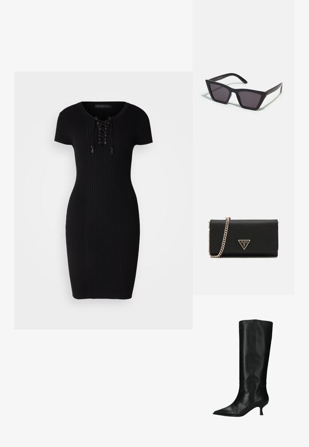 Robe noire à côtes avec des manches courtes, dotée d'une fermeture à lacets sur le devant. Design sculptant avec un ourlet au niveau des genoux.; sacha MIT KITTEN HEEL - Bottes - black; Lunettes noires angulaires avec des verres gris ; fabriquées en plastique, avec des branches épaisses à la surface lisse et sans matériel visible.; Sac de crossbody noir avec une surface texturée, arborant une sangle en chaîne dorée et une plaque logo triangulaire dorée à l'avant.; Bracelet en or mince et poli, de forme ronde et lisse, avec un branding subtil. Possède un design sans couture et une esthétique minimaliste.