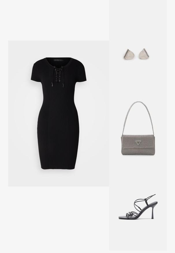 Juoda banguota suknelė trumpomis rankovėmis, su raišteliu priekyje. Prigludęs dizainas su kelių ilgio prailgintu kraštu.; Juodos aukštakulnės sandalai pasižymi plonyčiais dirželiais su mazgo dizainu, lygiu kvadratiniu pirštu ir elegantišku stiletto kulnu.; Šviesiai pilka metalinė rankinė su grandinėlės dirželiu, papuošta mažais apvaliais metaliniais smeigėmis ir trikampiu prekės ženklu.; Sidabriniai metaliniai auskarai su lygiu, ašaros formos dizainu ir blizgiu paviršiumi. Subtilūs raižiniai prideda detalumo. Minimalistinis dizainas.