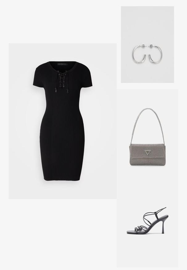 Rochie neagră cu dungi, cu mâneci scurte, având un sistem de închidere cu șireturi în față. Design ajustat, cu o fustă până la genunchi.; Sandale negre cu toc înalt au curele subțiri cu un design legat, un vârf pătrat neted și un toc stiletto elegant.; Geantă metalică gri deschis, cu un strap din lanț, decorată cu mici ținte circulare metalice și un logo de marcă triangular.; Cercei rotunzi din argint cu un finisaj neted și strălucitor. Design ușor, având o formă rotundă și închidere cu tijă.
