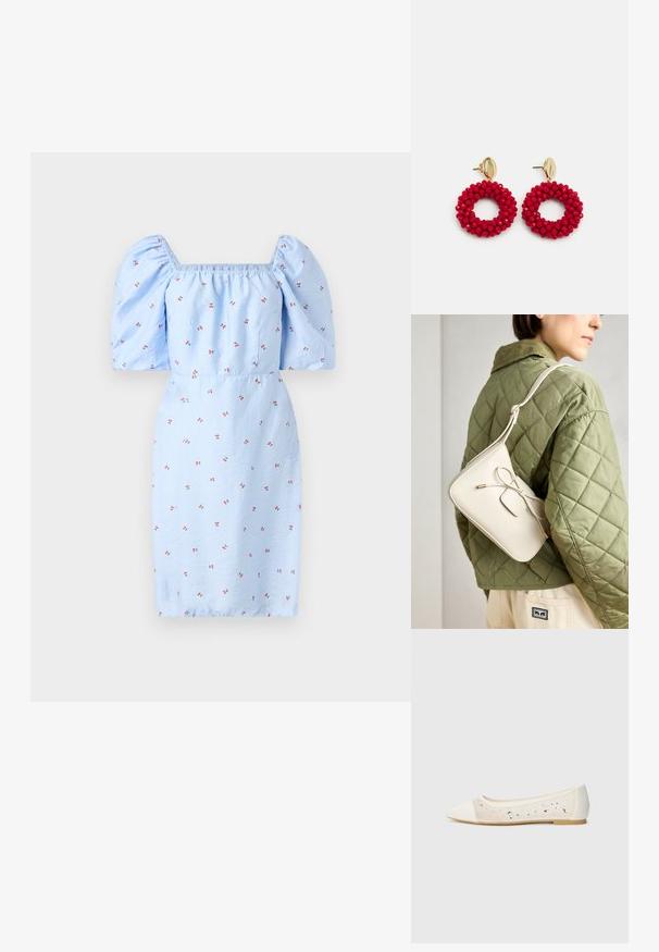 Niebieska sukienka z bufkami, kwadratowym dekoltem i kwiecistymi wzorami małych czerwonych kwiatów na fakturowanej tkaninie. Dopasowana w talii.; Płaskie buty z noskiem w kształcie szpica w kremowej skórze z przezroczystym wierzchem, ozdobione rozsypanymi cekinami. Miękka podeszwa dla komfortu, minimalistyczny design.; Beżowa skórzana torebka na ramię z kokardką, złotymi detalami i pojedynczym regulowanym paskiem, noszona na zielonej pikowanej kurtce.; Czerwone kolczyki w kształcie kół z koralików o fakturowanej powierzchni i złotym zapięciu. Okrągły kształt z otwartym wnętrzem i zaokrąglonymi detalami z koralików.