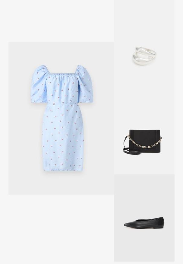 Sininen mekko, jossa on puffihihat, neliö pääntie ja kukkakuviot pienistä punaisista kukista teksturoidulla kankaalla. SOpiva vyötäröltä.; Musta nahkainen ballerinatyyppinen kenkä, terävä kärki, minimalinen muotoilu, sileä pinta, matala korko, ei näkyvää metalliosaa tai koristeita.; Musta nahkainen olkalaukku, jossa on sileä pinta, suorakulmainen muoto ja metalliketju yksityiskohtana edessä. Mukana säädettävä hihna.; Hopeinen kaksinkertainen rengas, jossa on sileä, kiillotettu pinta. Siinä on sulava, kaareva muotoilu, jossa on päällekkäisiä osia modernin ilmeen saavuttamiseksi.