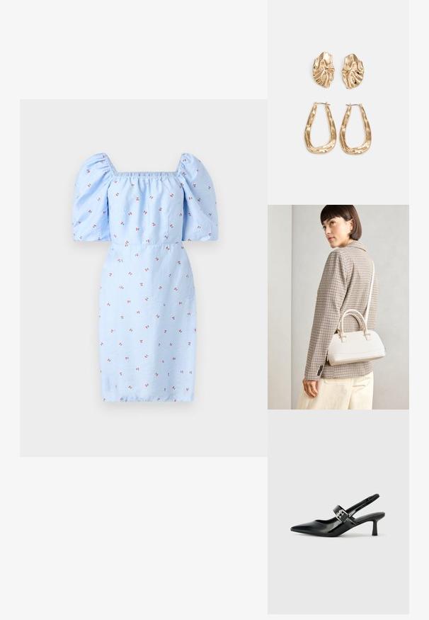 Modré šaty s nafouknutými rukávy, čtvercovým výstřihem a květinovými vzory malých červených květin na texturované látce. Střižené na úrovni pasu.; Černé lakované boty na podpatku typu slingback s špičatou špičkou a malým blokovým podpatkem, které mají na pásku stříbrný přezkový akcent.; Bílá strukturovaná kabelka s krátkými uchy a ramenním popruhem, zdobená zlatými kovovými prvky a texturovaným materiálem, vystavená na šedém pozadí.; Náušnice ve zlatém tónu s texturovanými, vlnitými tvary. Obsahují sochařské klipy a design otevřeného kruhu s kladivkovým povrchem.