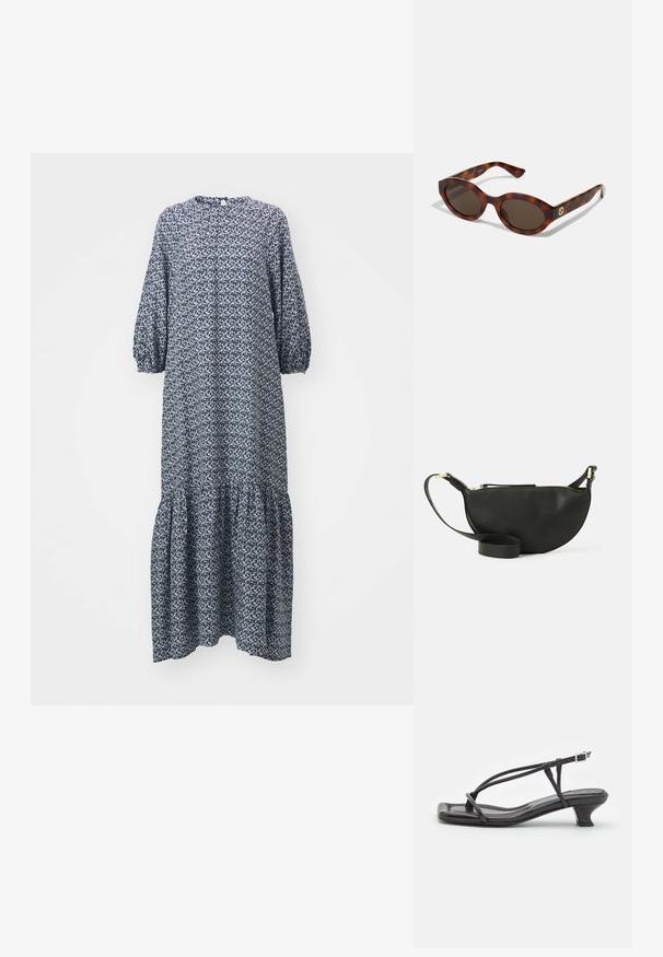 Mornarsko modra, obleka z dolgimi rokavi, s potiskanjem, okrogel ovratnik in večplastni volan. Iz lahkega materiala.; Črne usnjene sandale s tankimi trakovi, nizko blok peto in kvadratnim nosom. Značilnosti vključujejo sponko in gladko teksturo.; Želve sončne očala s okroglimi okvirji, temnimi lečami in zlatim logotipom na tempeljih. Gladek plastični material, brez vidnih vzorcev.; Črna usnjena torbica za čez ramo v obliki polmeseca, z teksturirano površino, zlatim zadrgo in ravnim trakom. Kompaktna zasnova, primerna za osnovne stvari.