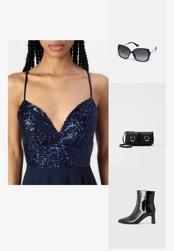 Mørkeblå kjole med v-halsdesign og paljetter på livstykket samt tynne skulderremmer. Skjørtet flyter jevnt fra livet.; Sorte patentlær ankle boot med spiss tå og en mellomhøy blokkhelt. Glatt tekstur og minimalistisk design.; Sorte oversized solbriller med gradient linser, tykke rammer og detaljering med gulltonekjede på tempelarmene.; Svart skinn crossbody veske med to frontlommer, gyldne spenner, glidelåslukking og en slank stropp. Teksturert overflate og kompakt rektangulær form.
