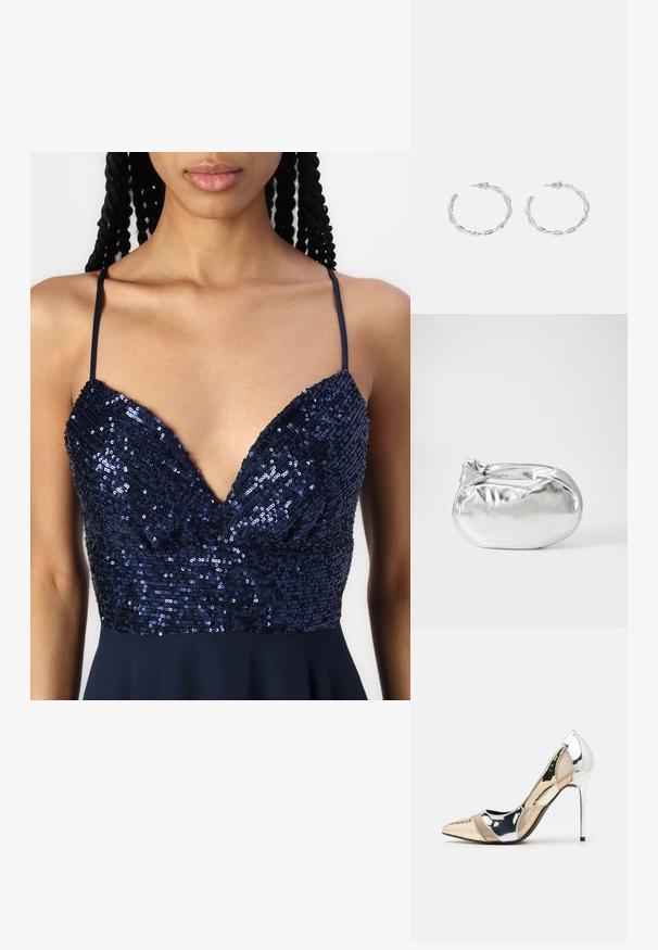 Marineblaues Kleid mit V-Ausschnitt, das mit Pailletten am Oberteil verziert ist und dünne Träger hat. Der Rock fällt sanft von der Taille.; Spitz zulaufender High-Heel-Schuh in einer Farbgestaltung aus Silber, Gold und Nude. Glänzende Oberfläche mit Ausschnittdesign und stiletto Absatz.; Silberne metallic Pouch-Tasche mit einer sanften, abgerundeten Form und einem geknoteten Verschluss oben. Hergestellt aus glattem Kunstleder.; Silberne Creolen mit gedrehter Gestaltung, ausgestattet mit einer polierten Oberfläche und einer Steckverschluss. Sie haben einen Durchmesser von ca. 3 cm.