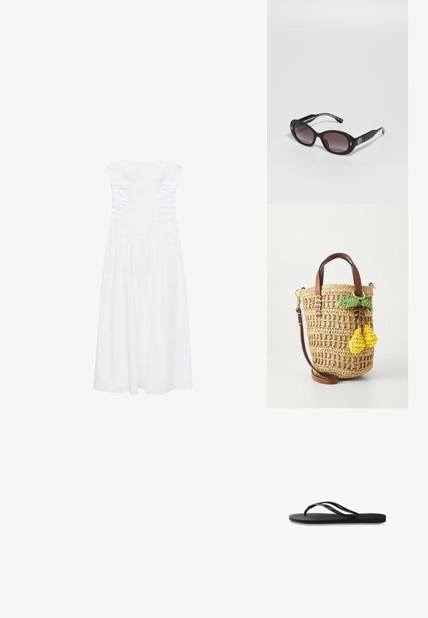 Weißes trägerloses Kleid mit gerafften Details am Oberteil, fließendem Rock und glattem Stoff. Keine sichtbaren Beschläge oder Muster.; Schwarze Flip-Flops mit einer strukturierten Gummisohle, zwei schlanken Riemen und einem dezenten, geprägten Logo-Detail auf dem Riemen.; Schwarze Sonnenbrille mit dunkelverlaufenden Gläsern, ovaler Form, glänzender Oberfläche, mit einem hervorgehobenen Logo an der Seite und silbernen Akzenten.; Rundes Strohtäschchen mit braunen Ledergriffen und abnehmbarem Tragegurt. Mit grünem Blatt und zwei gelben gehäkelten Früchtelementen.
