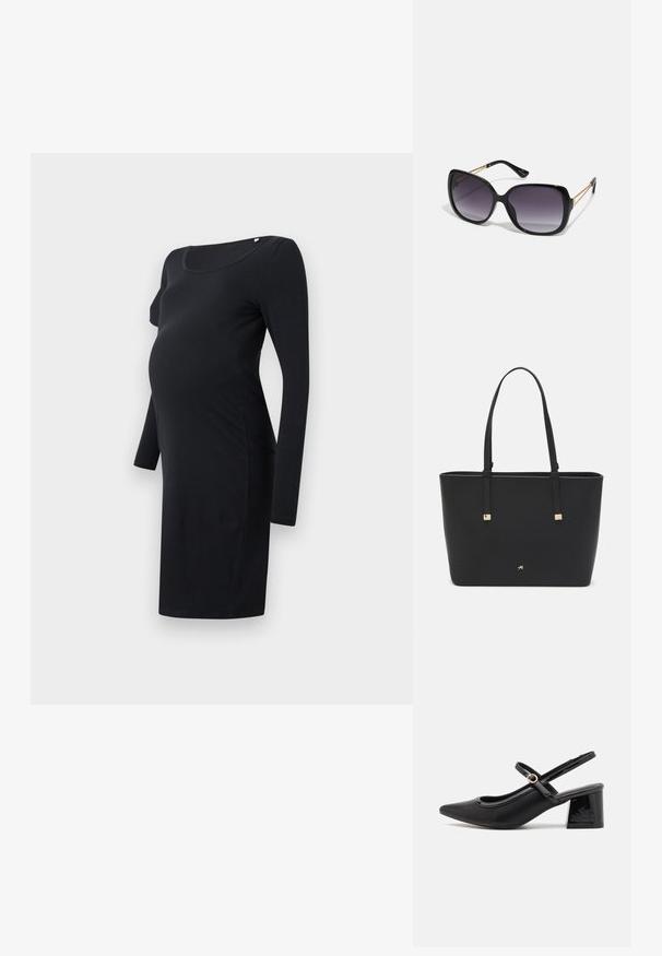 Černé těhotenské šaty s dlouhým rukávem a oválným výstřihem, přiléhavý střih a měkká, pružná tkanina. Hladký povrch bez viditelných vzorů.; Černé lakované lodičky s otevřenou patou, špičatou špičkou, zaobleným střihem a blokovým podpatkem. Zdobené akcentem v zlatém tónu.; Černé oversized sluneční brýle se gradientními skly, silnými rámy a zlatými řetízkovými detaily na nožičkách.; Černá taška přes rameno vyrobená z umělého materiálu, s jednoduchým obdélníkovým designem, zlatými čtvercovými akcenty a dvojitými uchy.