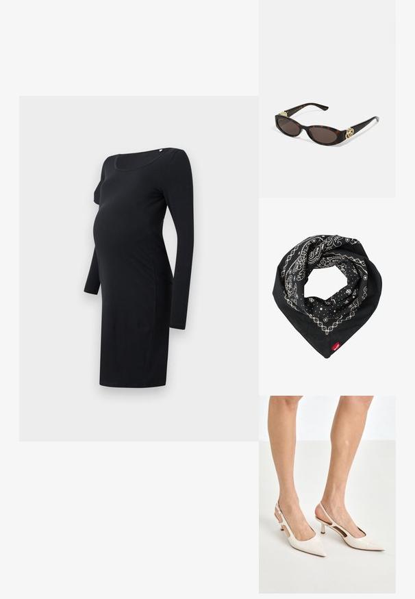 Fekete, hosszú ujjú kismama ruha, kerek nyakkivágással, formázott siluettel és puha, rugalmas anyagból. Sima textúra, látható minták nélkül.; Beige patent bőr slingback magassarkúk hegyes orral és 5 cm-es sarokkal, kivágott oldalakkal és vékony bokapánttal.; Tortából készült napszemüveg, hosszúkás ovális lencsékkel, barna színű árnyalattal, arany logóval a fülkagylón, és karcsú fekete szárakkal.; Levi's® PAISLEY BANDANA UNISEX - Selyemkendő - regular black
