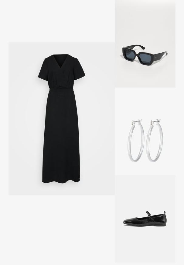 Must mustrid mustriga V-kaelusega must kleit lühikeste varrukatega. Valmistatud tekstureeritud kangast, sellel on elastne vöökoht ja voolav seelik.; Mustmust musta nahk king, millel on terav nina, pahkluu rihm koos pandlaga ja sile, läikiv tekstuur. Madal konts mugavuse tagamiseks.; Mustad ümmargused prillid, millel on geomeetriline disain, ristküliku kuju läätsed ja läikiv viimistlus. Ees pole nähtavat brändingut.; Hõbedased rõngaskõrvarõngad, millel on sile, läikiv viimistlus. Ümmargune kuju ja turvaline klõpsulatus. Kerge disain, sobib igapäevaseks kandmiseks.