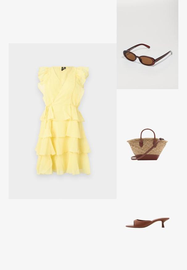 Gul omlottklänning med volangärmar och lager på lager, med ett insvängt midja och mjukt, lätt material.; Bruna öppna klackmules med en slät, matt yta, med en kurvad design och en genomskinlig, avsmalnande klack.; Runda, bruntonade solglasögon med en glansig bordeauxfärgad ram. Smala bågar med subtilt varumärkesdetalj. Platt linsdesign.; Vävd halmstruktur med bruna läderdetaljer, två handtag och en avtagbar rem. Böjd form med en stabil botten.