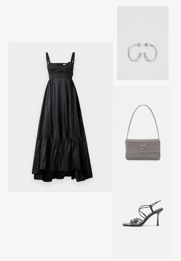 Czarna maxi sukienka wykonana z gładkiego materiału, z dopasowanym gorsetem, falbaniastym dołem i regulowanymi ramiączkami.; Czarne sandały na wysokim obcasie mają cienkie paski z węzłowym wzorem, gładki, kwadratowy czubek i smukły obcas w stylu szpilki.; Jasnoszara metaliczna torebka na łańcuszku, ozdobiona małymi okrągłymi metalowymi ćwiekami oraz trójkątnym logo marki.; Srebrne kolczyki na biglu o gładkim, błyszczącym wykończeniu. O zaokrąglonym kształcie, lekkim designie, z zamknięciem na zatrzask.