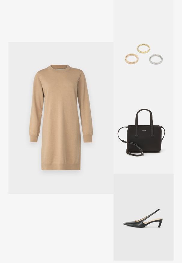 Pletené šaty s dlhým rukávom v béžovej farbe, s okrúhlym výstrihom, rebrovanými manžetami a voľným strihom, končiace tesne nad kolenami s jemnou štruktúrou.; Čierne slingback topánky s ostrou špičkou a nízkym opätkom, vyrobené z hladkej kože a s výrezmi na boku pre lepšiu priedušnosť.; Čierna kabelka s dvojitými krátkymi rúčkami a odnímateľným ramenným popruhom. Hladký materiál podobný koži s uzatváraním na zips a detailom loga.; Triumf kovových prsteňov: jeden v ružovom zlate, jeden zlatý s textúrovanými akcentmi a jeden strieborný, všetky s gravírovaným logom na vnútornej strane.