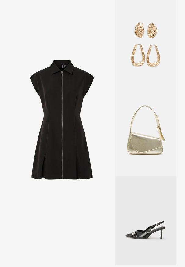 Μαύρο φόρεμα με γιακά, σύντομες κοντές μανσέτες, μπροστινό φερμουάρ, γραμμή Α και πλαϊνές σχισμές. Λείος ύφασμα με ματ φινίρισμα.; Μαύρο παπούτσι slingback από πατέντο δέρμα με μυτερή μύτη, λουράκια στον αστράγαλο που διαθέτουν ασημένιες αγκράφες και μεταλλικά στοιχεία, και λεπτό τακούνι.; Χρυσή μεταλλική τσάντα χειρός με δομημένο σχέδιο, λεία υφή και ρυθμιζόμενο λουρί. Διαθέτει μοναδικό τριγωνικό σχήμα και μινιμαλιστική ραφή.; Χρυσά σκουλαρίκια με υφή, κυματιστά σχήματα. Περιλαμβάνουν γλυπτικά κλιπ-σε σκουλαρίκια και σχέδιο ανοιχτού σκουλαρικιού με σφυρήλατη επιφάνεια.