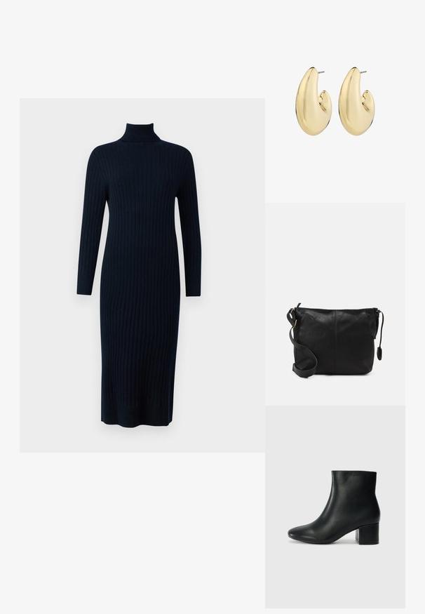 pure cashmere TURTLENECK MAXI DRESS - Pletené šaty - dark navy; Černé kožené kotníkové boty s špičatou špičkou a robustním podpatkem. Hladký povrch s minimálními akcenty a elegantním, přiléhavým designem.; Černá kožená kabelka přes rameno s plochým tvarem, zlatými kovovými detaily a nastavitelným popruhem. Hladký povrch s minimem švů.; Náušnice ve zlatém tónu s hladkým, zaobleným tvarem a lesklým povrchem, s uzávěrem pro bezpečné nošení.